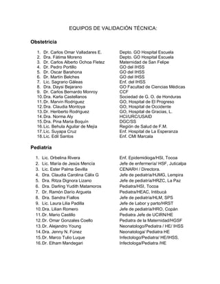 EQUIPOS DE VALIDACIÓN TÉCNICA:
Obstetricia
1. Dr. Carlos Omar Valladares E. Depto. GO Hospital Escuela
2. Dra. Fátima Moreno Depto. GO Hospital Escuela
3. Dr. Carlos Alberto Ochoa Fletez Maternidad de San Felipe
4. Dr. Pedro Portillo GO del IHSS
5. Dr. Oscar Barahona GO del IHSS
6. Dr. Martín Belches GO del IHSS
7. Lic. Sagrario Gáleas Enf. del IHSS
8. Dra. Daysi Bejarano GO Facultad de Ciencias Médicas
9. Dr. Carlos Bernardo Monroy CCF
10.Dra. Karla Castellanos Sociedad de G. O. de Honduras
11.Dr. Marvin Rodriguez GO, Hospital de El Progreso
12.Dra. Claudia Montoya GO, Hospital de Occidente
13.Dr. Heriberto Rodriguez GO, Hospital de Gracias, L.
14.Dra. Norma Aly HCI/URC/USAID
15.Dra. Pina Maria Boquín DGC/SS
16.Lic. Behula Aguilar de Mejía Región de Salud de F.M.
17.Lic. Suyapa Cruz Enf. Hospital de La Esperanza
18.Lic. Edil Santos Enf. CMI Marcala
Pediatría
1. Lic. Orbelina Rivera Enf. Epidemióloga/HSI, Tocoa
2. Lic. María de Jesús Mencía Jefe de enfermería/ HSF, Juticalpa
3. Lic. Ester Palma Sevilla CENARH / Directora.
4. Dra. Claudia Carolina Cálix G Jefe de pediatría/HJMG, Lempira
5. Dra. Ritza Dignora Lizano Jefe de pediatría/HRZC, La Paz
6. Dra. Darling Yudith Matamoros Pediatra/HSI, Tocoa
7. Dr. Ramón Darío Argueta Pediatra/HEAC, Intibucá
8. Dra. Sandra Fiallos Jefe de pediatría/HLM, SPS
9. Lic. Laura Lilia Padilla Jefe de Labor y parto/HRST
10.Dra. Lilian Romero Jefe de pediatría/HRO, Copán
11.Dr. Mario Castillo Pediatra Jefe de UCIRN/HE
12.Dr. Omar Gonzales Coello Pediatra de la Maternidad/HGSF
13.Dr. Alejandro Young Neonatologo/Pediatra / HE/ IHSS
14.Dra. Jenny N. Fúnez Neonatologa/ Pediatra HE
15.Dr. Marco Tulio Luque Infectologo/Pediatra/ HE/IHSS.
16.Dr. Elham Mandegari Infectologa/Pediatra /HE
 