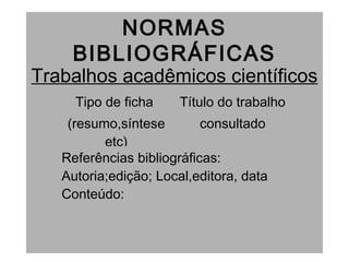 NORMAS
BIBLIOGRÁFICAS
Trabalhos acadêmicos científicos
Tipo de ficha
(resumo,síntese
etc)
Título do trabalho
consultado
Referências bibliográficas:
Autoria;edição; Local,editora, data
Conteúdo:
 