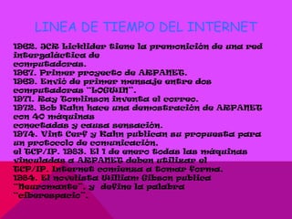 LINEA DE TIEMPO DEL INTERNET
1962. JCR Licklider tiene la premonición de una red
intergaláctica de
computadoras.
1967. Primer proyecto de ARPANET.
1969. Envió de primer mensaje entre dos
computadoras “LOGWIN”.
1971. Ray Tomlinson inventa el correo.
1972. Bob Kahn hace una demostración de ARPANET
con 40 máquinas
conectadas y causa sensación.
1974. Vint Cerf y Kahn publican su propuesta para
un protocolo de comunicación,
el TCP/IP. 1983. El 1 de enero todas las máquinas
vinculadas a ARPANET deben utilizar el
TCP/IP, Internet comienza a tomar forma.
1984. El novelista William Gibson publica
“Neuromante”, y define la palabra
“ciberespacio”.
 