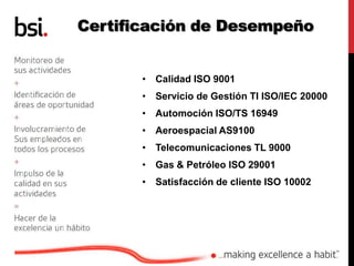 Certificación de Desempeño
• Calidad ISO 9001
• Servicio de Gestión TI ISO/IEC 20000
• Automoción ISO/TS 16949
• Aeroespacial AS9100
• Telecomunicaciones TL 9000
• Gas & Petróleo ISO 29001
• Satisfacción de cliente ISO 10002
 
