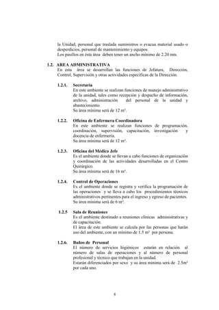 la Unidad, personal que traslada suministros o evacua material usado o
desperdicios, personal de mantenimiento y equipos.
Los pasillos en ésta área deben tener un ancho mínimo de 2.20 mts.
1.2. AREA ADMINISTRATIVA
En esta área se desarrollan las funciones de Jefatura, Dirección,
Control, Supervisión y otras actividades específicas de la Dirección.
1.2.1.

Secretaría
En este ambiente se realizan funciones de manejo administrativo
de la unidad, tales como recepción y despacho de información,
archivo, administración
del personal de la unidad y
abastecimiento.
Su área mínima será de 12 m².

1.2.2.

Oficina de Enfermera Coordinadora
En este ambiente se realizan funciones de programación,
coordinación, supervisión, capacitación, investigación
y
docencia de enfermería.
Su área mínima será de 12 m².

1.2.3.

Oficina del Médico Jefe
Es el ambiente donde se llevan a cabo funciones de organización
y coordinación de las actividades desarrolladas en el Centro
Quirúrgico.
Su área mínima será de 16 m².

1.2.4.

Control de Operaciones
Es el ambiente donde se registra y verifica la programación de
las operaciones y se lleva a cabo los procedimientos técnicos
administrativos pertinentes para el ingreso y egreso de pacientes.
Su área mínima será de 6 m².

1.2.5

Sala de Reuniones
Es el ambiente destinado a reuniones clínicas administrativas y
de capacitación.
El área de este ambiente se calcula por las personas que harán
uso del ambiente, con un mínimo de 1.5 m² por persona.

1.2.6.

Baños de Personal
El número de servicios higiénicos estarán en relación al
número de salas de operaciones y al número de personal
profesional y técnico que trabajan en la unidad.
Estarán diferenciados por sexo y su área mínima será de 2.5m²
por cada uno.

8

 