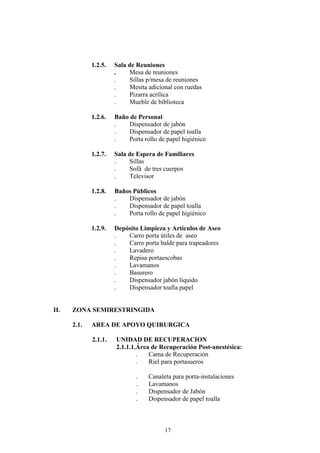 17
1.2.5. Sala de Reuniones
. Mesa de reuniones
. Sillas p/mesa de reuniones
. Mesita adicional con ruedas
. Pizarra acrílica
. Mueble de biblioteca
1.2.6. Baño de Personal
. Dispensador de jabón
. Dispensador de papel toalla
. Porta rollo de papel higiénico
1.2.7. Sala de Espera de Familiares
. Sillas
. Sofá de tres cuerpos
. Televisor
1.2.8. Baños Públicos
. Dispensador de jabón
. Dispensador de papel toalla
. Porta rollo de papel higiénico
1.2.9. Depósito Limpieza y Artículos de Aseo
. Carro porta útiles de aseo
. Carro porta balde para trapeadores
. Lavadero
. Repisa portaescobas
. Lavamanos
. Basurero
. Dispensador jabón líquido
. Dispensador toalla papel
II. ZONA SEMIRESTRINGIDA
2.1. AREA DE APOYO QUIRURGICA
2.1.1. UNIDAD DE RECUPERACION
2.1.1.1.Área de Recuperación Post-anestésica:
. Cama de Recuperación
. Riel para portasueros
. Canaleta para porta-instalaciones
. Lavamanos
. Dispensador de Jabón
. Dispensador de papel toalla
 