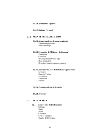 19
2.1.1.6.Almacén de Equipos
2.1.1.7.Baño de Personal
2.1.2. AREA DE VESTUARIO Y ASEO
2.1.2.1.Almacenamiento de ropa quirúrgica
. Estanterías para ropas
. Mesa de trabajo
2.1.2.2.Vestuarios de Médicos y de Personal
. Estanterías
. Casilleros
. Bancas para cambio de ropa
. Baño con ducha
. Depósitos para recolectar ropa sucia
2.1.2.3.Ambiente de Aseo de la Sala de Operaciones
. Lavadero
. Mesa de Trabajo
. Lavatorios
. Estanterías
. Repisas
2.1.2.4.Estacionamiento de Camillas
2.1.2.5.Transfer
2.2. AREA DE STAR
2.2.1. Sala de Star de Profesionales
. Sillones
. Mesa
. Sillas
. Casilleros
. Sofá de 3 cuerpos
. Mueble de biblioteca
 