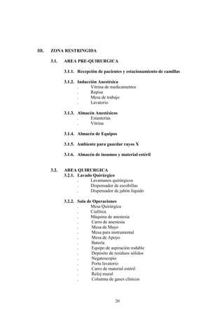 20
III. ZONA RESTRINGIDA
3.1. AREA PRE-QUIRURGICA
3.1.1. Recepción de pacientes y estacionamiento de camillas
3.1.2. Inducción Anestésica
. Vitrina de medicamentos
. Repisa
. Mesa de trabajo
. Lavatorio
3.1.3. Almacén Anestésicos
. Estanterías
. Vitrina
3.1.4. Almacén de Equipos
3.1.5. Ambiente para guardar rayos X
3.1.6. Almacén de insumos y material estéril
3.2. AREA QUIRURGICA
3.2.1. Lavado Quirúrgico
. Lavamanos quirúrgicos
. Dispensador de escobillas
. Dispensador de jabón líquido
3.2.2. Sala de Operaciones
. Mesa Quirúrgica
. Cialítica
. Máquina de anestesia
. Carro de anestesia
. Mesa de Mayo
. Mesa para instrumental
. Mesa de Apoyo
. Batería
. Equipo de aspiración rodable
. Depósito de residuos sólidos
. Negatoscopio
. Porta lavatorio
. Carro de material estéril
. Reloj mural
. Columna de gases clínicos
 