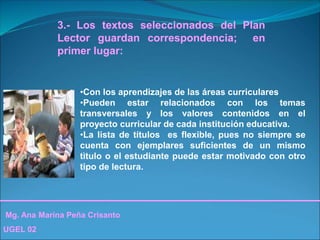 Mg. Ana Marina Peña Crisanto
UGEL 02
3.- Los textos seleccionados del Plan
Lector guardan correspondencia; en
primer lugar:
•Con los aprendizajes de las áreas curriculares
•Pueden estar relacionados con los temas
transversales y los valores contenidos en el
proyecto curricular de cada institución educativa.
•La lista de títulos es flexible, pues no siempre se
cuenta con ejemplares suficientes de un mismo
tìtulo o el estudiante puede estar motivado con otro
tipo de lectura.
 
