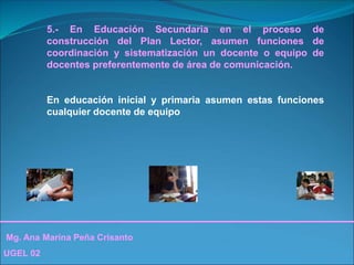 Mg. Ana Marina Peña Crisanto
UGEL 02
5.- En Educación Secundaria en el proceso de
construcción del Plan Lector, asumen funciones de
coordinación y sistematización un docente o equipo de
docentes preferentemente de área de comunicación.
En educación inicial y primaria asumen estas funciones
cualquier docente de equipo
 