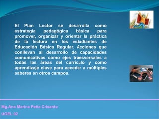 Mg.Ana Marina Peña Crisanto
UGEL 02
El Plan Lector se desarrolla como
estrategia pedagógica básica para
promover, organizar y orientar la práctica
de la lectura en los estudiantes de
Educación Básica Regular. Acciones que
conllevan al desarrollo de capacidades
comunicativas como ejes transversales a
todas las áreas del currículo y como
aprendizaje clave para acceder a múltiples
saberes en otros campos.
 