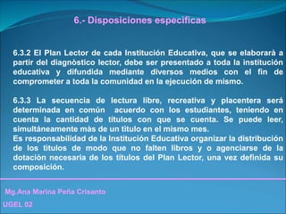 Mg.Ana Marina Peña Crisanto
UGEL 02
6.- Disposiciones especìficas
6.3.2 El Plan Lector de cada Institución Educativa, que se elaborarà a
partir del diagnòstico lector, debe ser presentado a toda la institución
educativa y difundida mediante diversos medios con el fin de
comprometer a toda la comunidad en la ejecución de mismo.
6.3.3 La secuencia de lectura libre, recreativa y placentera será
determinada en común acuerdo con los estudiantes, teniendo en
cuenta la cantidad de títulos con que se cuenta. Se puede leer,
simultáneamente màs de un tìtulo en el mismo mes.
Es responsabilidad de la Institución Educativa organizar la distribución
de los tìtulos de modo que no falten libros y o agenciarse de la
dotaciòn necesaria de los títulos del Plan Lector, una vez definida su
composición.
 