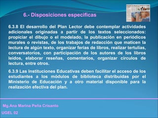 Mg.Ana Marina Peña Crisanto
UGEL 02
6.- Disposiciones especìficas
6.3.8 El desarrollo del Plan Lector debe contemplar actividades
adicionales originadas a partir de los textos seleccionados:
propiciar el dibujo o el modelado, la publicación en periódicos
murales o revistas, de los trabajos de redacción que maticen la
lectura de algún texto, organizar ferias de libros, realizar tertulias,
conversatorios, con participación de los autores de los libros
leídos, elaborar reseñas, comentarios, organizar círculos de
lectura, entre otros.
6.3.9 Las Instituciones Educativas deben facilitar el acceso de los
estudiantes a los módulos de biblioteca distribuidas por el
Ministerio de Educación y a otro material disponible para la
realización efectiva del plan.
 