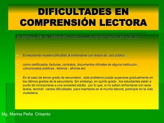 DIFICULTADES EN
COMPRENSIÓN LECTORA
EL ESTUDIANTE NO INTERPRETA ADECUADAMENTE TEXTOS DE USO PÚBLICO
 El estudiante muestra dificultad al enfrentarse con textos de uso público .
 como certificados, facturas, contratos, documentos oficiales de alguna institución ,
comunicados públicos , letreros , afiches etc.
 En el caso de tercer grado de secundaria , este problema puede superarse gradualmente en
los últimos grados de la secundaria. Sin embargo, en quinto grado , los estudiantes están a
punto de incorporarse a una sociedad adulta , por lo que, si no saben enfrentarse con esos
textos, tendrán ciertas dificultades para insertarse en el mundo laboral, participar en la vida
ciudadana.
Mg. Marina Peña Crisanto
 