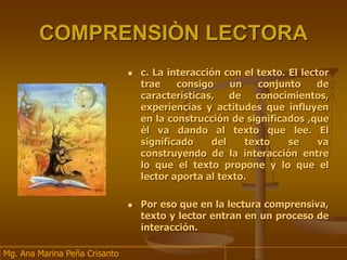 COMPRENSIÒN LECTORA
 c. La interacción con el texto. El lector
trae consigo un conjunto de
características, de conocimientos,
experiencias y actitudes que influyen
en la construcción de significados ,que
èl va dando al texto que lee. El
significado del texto se va
construyendo de la interacción entre
lo que el texto propone y lo que el
lector aporta al texto.
 Por eso que en la lectura comprensiva,
texto y lector entran en un proceso de
interacción.
Mg. Ana Marina Peña Crisanto
 