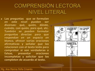 COMPRENSIÒN LECTORA
NIVEL LITERAL
 Las preguntas que se formulan
en este nivel pueden ser
diversas: què, quièn, dònde,
cuàndo, con quièn, para què, etc.
Tambièn se pueden formular
preguntas directas para que
respondan en un espacio en
blanco, ofrecer varias oraciones
afirmativas y señalar que las
relacionen con el texto leìdo para
comprobar si son verdaderas o
falsas, presentar oraciones
incompletas y solicitar que las
completen de acuerdo al texto.
Mg. Ana Marina Peña Crisanto
 