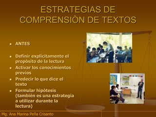 ESTRATEGIAS DE
COMPRENSIÒN DE TEXTOS
 ANTES
 Definir explìcitamente el
propòsito de la lectura
 Activar los conocimientos
previos
 Predecir lo que dice el
texto
 Formular hipòtesis
(tambièn es una estrategia
a utilizar durante la
lectura)
Mg. Ana Marina Peña Crisanto
 