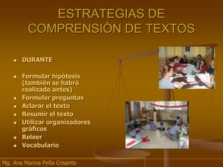 ESTRATEGIAS DE
COMPRENSIÒN DE TEXTOS
 DURANTE
 Formular hipòtesis
(tambièn se habrà
realizado antes)
 Formular preguntas
 Aclarar el texto
 Resumir el texto
 Utilizar organizadores
gràficos
 Releer
 Vocabulario
Mg. Ana Marina Peña Crisanto
 