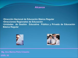 Mg. Ana Marina Peña Crisanto
UGEL 02
Alcance
•Dirección Nacional de Educación Básica Regular
•Direcciones Regionales de Educación
•Unidades de Gestión Educativa Pública y Privada de Educación
Básica Regular
 