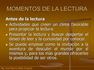 MOMENTOS DE LA LECTURA
Antes de la lectura
 Actividades que creen un clima favorable
para propiciar la lectura.
 Presentar la lectura y buscar despertar el
deseo de leer y la curiosidad por conocer.
 Se puede emplear como la invitaciòn a la
aventura de descubri el mundo por sì
mismos y, para los màs grandes ofrecerles
la posibilidad de ser otros.
Mg. Ana Marina Peña Crisanto
 