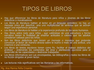 TIPOS DE LIBROS
 Hay que diferenciar los libros de literatura para niños y jòvenes de los libros
didàcticos o moralizadores.
 Los libros de literatura hablan al lector en un lenguaje simbòlico; no hay un
mensaje ùnico por descifrar, sino una multiplicidad de sentidos que se activan
segùn una experiencia personal.
 Los libros de literatura le hablan a la experiencia profunda de los seres humanos.
 Hay libros sobre todo para niños , que valièndose de una estructura y forma
narrativa tienen la finalidad de enseñar actitudes o valores que los adultos
consideran valiosos para los niños.
 Son los libros didàcticos que tienen un mensaje o moraleja que pretende
convencer al lector de manera directa sobre lo bueno o malo de una actitud, una
creencia o una conducta.
 Los libros de textos escolares tienen como fin, facilitar el trabajo didàctico del
profesor , ordenando los contenidos del àrea y planteando ejercicios para el
desarrollo de las capacidades y destrezas trabajadas.
 Los libros informativos son Las enciclopedias, las bibliografìas y todos los libros de
no ficciòn dirigidos al joven lector.
 Las lecturas màs significativas son las literiarias y las informativas.
Mg. Ana Marina Peña Crisanto
 