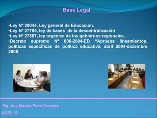 Mg. Ana Marina Peña Crisanto
UGEL 02
Base Legal
•Ley Nº 28044, Ley general de Educación.
•Ley Nº 27785, ley de bases de la descentralización
•Ley Nº 27867, ley orgánica de los gobiernos regionales.
•Decreto supremo Nº 006-2004-ED “Aprueba lineamientos,
políticas especìficas de política educativa, abril 2004-diciembre
2006.
 