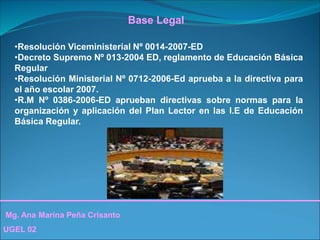 Mg. Ana Marina Peña Crisanto
UGEL 02
Base Legal
•Resolución Viceministerial Nº 0014-2007-ED
•Decreto Supremo Nº 013-2004 ED, reglamento de Educación Básica
Regular
•Resolución Ministerial Nº 0712-2006-Ed aprueba a la directiva para
el año escolar 2007.
•R.M Nº 0386-2006-ED aprueban directivas sobre normas para la
organización y aplicación del Plan Lector en las I.E de Educación
Básica Regular.
 