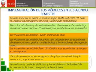 IMPLEMENTACIÓN DE LOS MÓDULOS EN EL SEGUNDO
SEMESTRE
Los materiales del módulo 1 pasan al banco de libro.
Todos los estudiantes y docentes devuelven el texto para el estudiante y
el manual para el docente. El cuaderno para el estudiante no se devuelve.
Los materiales del módulo 2 que han sido utilizados por los estudiantes
de tercero y cuarto grados son distribuidos a los estudiantes de segundo
grado.
Los materiales del módulo 3 son distribuidos a los estudiantes de tercero
y cuarto grados.
Cada docente elabora el cronograma de aplicación del módulo y lo
anexa a su programación anual .
Se analizan las unidades didácticas y los módulos con la finalidad de
incorporar las lecturas como parte de las unidades.
En cada semestre se aplica un módulo según la RM 044-2009-ED. Cada
I.E. elabora un cronograma de inicio y término de cada módulo
 