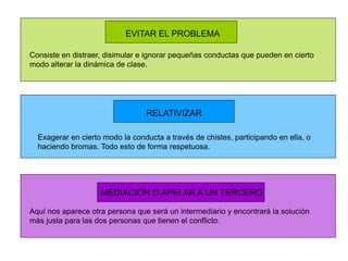 EVITAR EL PROBLEMA
RELATIVIZAR
MEDIACIÓN O APELAR A UN TERCERO
Consiste en distraer, disimular e ignorar pequeñas conductas que pueden en cierto
modo alterar la dinámica de clase.
Exagerar en cierto modo la conducta a través de chistes, participando en ella, o
haciendo bromas. Todo esto de forma respetuosa.
Aquí nos aparece otra persona que será un intermediario y encontrará la solución
más justa para las dos personas que tienen el conflicto.
 