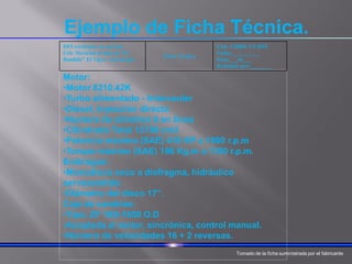 Ejemplo de Ficha Técnica.
Motor:
•Motor 8210.42K
•Turbo alimentado - Intercooler
•Diesel, inyección directa
•Numero de cilindros 6 en línea
•Cilindrada Total 13798 cm3
•Potencia máxima (SAE) 410 HP a 1900 r.p.m
•Torque máximo (SAE) 196 Kg.m a 1100 r.p.m.
Embrague:
•Monodisco seco a diafragma, hidráulico
servoasistido.
•Diámetro del disco 17”.
Caja de cambios:
•Tipo: ZF 16S-1650 O.D
•Acoplada al motor, sincrónica, control manual.
•Número de velocidades 16 + 2 reversas.
Tomado de la ficha suministrada por el fabricante
DFS excelencia en servicio
Urb. Morichal al lado de “El
Bandido” El Tigre- Anzoátegui
Ficha Técnica
Cod.: CH001-TT-DFS
Fecha:___/___/___
Hoja:___de___
Realizado por:________
 
