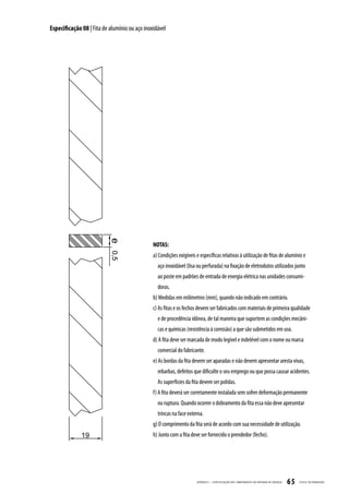 Especificação 08 | Fita de alumínio ou aço inoxidável




                                               NOTAS:
                                               a) Condições exigíveis e específicas relativas à utilização de fitas de alumínio e
                                                 aço inoxidável (lisa ou perfurada) na fixação de eletrodutos utilizados junto
                                                 ao poste em padrões de entrada de energia elétrica nas unidades consumi-
                                                 doras.
                                               b) Medidas em milímetros (mm), quando não indicado em contrário.
                                               c) As fitas e os fechos devem ser fabricados com materiais de primeira qualidade
                                                 e de procedência idônea, de tal maneira que suportem as condições mecâni-
                                                 cas e químicas (resistência à corrosão) a que são submetidos em uso.
                                               d) A fita deve ser marcada de modo legível e indelével com o nome ou marca
                                                 comercial do fabricante.
                                               e) As bordas da fita devem ser aparadas e não devem apresentar aresta vivas,
                                                 rebarbas, defeitos que dificulte o seu emprego ou que possa causar acidentes.
                                                 As superfícies da fita devem ser polidas.
                                               f) A fita deverá ser corretamente instalada sem sofrer deformação permanente
                                                 ou ruptura. Quando ocorrer o dobramento da fita essa não deve apresentar
                                                 trincas na face externa.
                                               g) O comprimento da fita será de acordo com sua necessidade de utilização.
                                               h) Junto com a fita deve ser fornecido o prendedor (fecho).




                                                                      APÊNDICE I - ESPECIFIC AÇ ÃO DOS COMPONENTES DA ENTR ADA DE ENERGIA   65   CELESC DISTRIB UIÇ ÃO
 