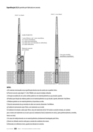 Especificação 23 |Kit postinho pré-fabricado em concreto




NOTAS:
a) Os materiais mencionados nessa especificação deverão estar de acordo com os padrões Celesc.
b) Poste de concreto seção duplo T, 7 e 8m/100daN, com caixa de medição embutida.
c) Armação secundária de um ou dois estribos poderá ser em material polimérico ou aço zincado a quente.
d) Parafuso para fixação das roldanas poderá ser em material polimérico ou aço zincado a quente, dimensões 16x250mm.
e) Roldanas poderão ser em material polimérico, de porcelana ou vidro.
f) Haste de aterramento de aço revestida em cobre com conector, dimensões 13x2400mm.
g) Condutor de aterramento seção 10mm, com isolamento na cor verde.
h) Condutores de entrada e saída seção 10mm, classe de isolamento de 0,6/1 kV sendo no ramal de entrada, um condutor
para o neutro com isolamento na cor azul e para o(s) condutor(es) fase(s) isolamento em cor(es), (preta preferencialmente, vermelho,
branca ou cinza).
i) As caixas de medição deverão ser em material polimérico, devidamente homologadas pela Celesc.
j) Deverá ser utilizado conector cunha para a conexão dos condutores dos ramais.
k) Dimensões em milímetros (mm), quando não indicado em contrário.

CELESC DIS TRIB UIÇ ÃO   80   APÊNDICE I - ESPECIFIC AÇ ÃO DOS COMPONENTES DA ENTR ADA DE ENERGIA
 