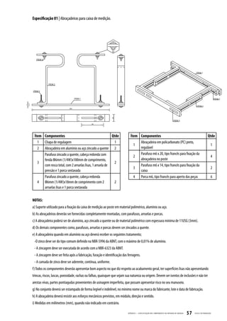 Especificação 01 | Abraçadeiras para caixa de medição.




 Ítem Componentes                                         Qtde                Ítem Componentes                                                                          Qtde
   1 Chapa de regulagem                                    1                       Abraçadeira em policarbonato (PC) preto,
                                                                                1                                                                                          1
   2 Abraçadeira em alumínio ou aço zincado a quente 2                             regulável
      Parafuso zincado a quente, cabeça redonda com                                Parafuso m6 x 20, tipo francês para fixação da
                                                                                2                                                                                          4
      fenda Ф6mm (1/4W)x100mm de comprimento,                                      abraçadeira no poste
   3                                                       2
      com rosca total, com 2 arruelas lisas, 1 arruela de                          Parafuso m6 x 14, tipo francês para fixação da
                                                                                3                                                                                          2
      pressão e 1 porca sextavada                                                  caixa
      Parafuso zincado a quente, cabeça redonda                                 4 Porca m6, tipo francês para aperto das peças                                             6
   4 Ф6mm (1/4W)x18mm de comprimento com 2                 2
      arruelas lisas e 1 porca sextavada


NOTAS:
a) Suporte utilizado para a fixação da caixa de medição ao poste em material polimérico, alumínio ou aço.
b) As abraçadeiras deverão ser fornecidas completamente montadas, com parafusos, arruelas e porcas.
c) A abraçadeira poderá ser de alumínio, aço zincado a quente ou de material polimérico com espessura mínima de 11USG (3mm).
d) Os demais componentes como, parafusos, arruelas e porcas devem ser zincados a quente.
e) A abraçadeira quando em alumínio ou aço deverá receber os seguintes tratamento;
 -O zinco deve ser do tipo comum definido na NBR-5996 da ABNT, com o máximo de 0,01% de alumínio.
 - A zincagem deve ser executada de acordo com a NBR-6323 da ABNT.
 - A zincagem deve ser feita após a fabricação, furação e identificação das ferragens.
 - A camada de zinco deve ser aderente, contínua, uniforme.
f) Todos os componentes deverão apresentar bom aspecto no que diz respeito ao acabamento geral, ter superfícies lisas não apresentando
trincas, riscos, lascas, porosidade, rachas ou falhas, quaisquer que sejam sua natureza ou origem. Devem ser isentos de inclusões e não ter
arestas vivas, partes pontiagudas provenientes de usinagem imperfeita, que possam apresentar risco no seu manuseio.
g) No conjunto deverá ser estampado de forma legível e indelével, no mínimo nome ou marca do fabricante, lote e data de fabricação.
h) A abraçadeira deverá resistir aos esforços mecânicos previstos, em módulo, direção e sentido.
i) Medidas em milímetros (mm), quando não indicado em contrário.

                                                                            APÊNDICE I - ESPECIFIC AÇ ÃO DOS COMPONENTES DA ENTR ADA DE ENERGIA   57   CELESC DISTRIB UIÇ ÃO
 