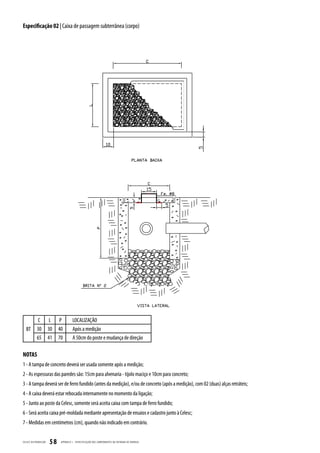 Especificação 02 | Caixa de passagem subterrânea (corpo)




              C           L   P         LOCALIZAÇÃO
   BT        30          30   40        Após a medição
             65          41   70        A 50cm do poste e mudança de direção

NOTAS
1 - A tampa de concreto deverá ser usada somente após a medição;
2 - As espessuras das paredes são: 15cm para alvenaria - tijolo maciço e 10cm para concreto;
3 - A tampa deverá ser de ferro fundido (antes da medição), e/ou de concreto (após a medição), com 02 (duas) alças retráteis;
4 - A caixa deverá estar rebocada internamente no momento da ligação;
5 - Junto ao poste da Celesc, somente será aceita caixa com tampa de ferro fundido;
6 - Será aceita caixa pré-moldada mediante apresentação de ensaios e cadastro junto à Celesc;
7 - Medidas em centímetros (cm), quando não indicado em contrário.


CELESC DIS TRIB UIÇ ÃO   58    APÊNDICE I - ESPECIFIC AÇ ÃO DOS COMPONENTES DA ENTR ADA DE ENERGIA
 