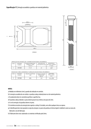 Especificação 17 | Armação secundária e parafuso em material polimérico




     NOTAS:
     a) Medidas em milímetros (mm), quando não indicado em contrário.
     b) A armação secundária de um estribo e o parafuso cabeça redonda devem ser de material polimérico.
     c) O acabamento deve ter consistência perfeita e superfície lisa.
     d) O parafuso cabeça redonda e a porca devem possuir rosca métrica com passo de 2mm.
     e) A cor da armação e do parafuso devem ser preta.
     f) A resistência mecânica da armação deve suportar o esforço F da tabela, sem sofrer qualquer trinca ou ruptura.
     g) A identificação deve estar gravada no corpo da armação e na porca do parafuso, de forma legível e indelével o nome ou marca do
         fabricante e ano de fabricação.
     h) O fabricante deve estar cadastrado e os materiais certificados pela Celesc.




CELESC DIS TRIB UIÇ ÃO   74   APÊNDICE I - ESPECIFIC AÇ ÃO DOS COMPONENTES DA ENTR ADA DE ENERGIA
 