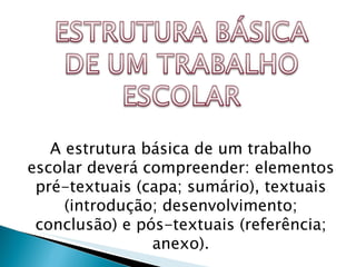 A estrutura básica de um trabalho escolar deverá compreender: elementos pré-textuais (capa; sumário), textuais (introdução; desenvolvimento; conclusão) e pós-textuais (referência; anexo). 