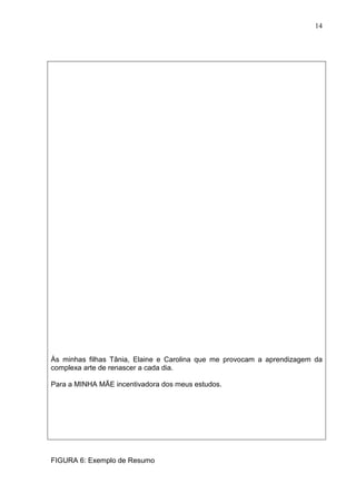 14 
Às minhas filhas Tânia, Elaine e Carolina que me provocam a aprendizagem da 
complexa arte de renascer a cada dia. 
Para a MINHA MÃE incentivadora dos meus estudos. 
FIGURA 6: Exemplo de Resumo 
 