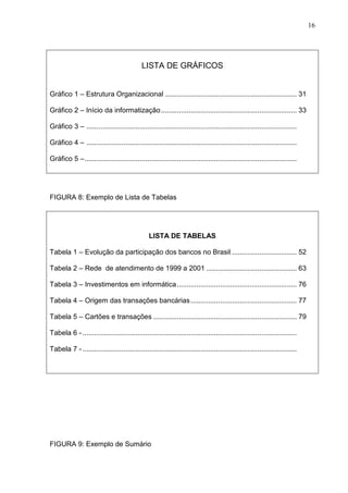 16 
LISTA DE GRÁFICOS 
Gráfico 1 – Estrutura Organizacional ................................................................... 31 
Gráfico 2 – Início da informatização..................................................................... 33 
Gráfico 3 – ........................................................................................................... 
Gráfico 4 – ........................................................................................................... 
Gráfico 5 –............................................................................................................ 
FIGURA 8: Exemplo de Lista de Tabelas 
LISTA DE TABELAS 
Tabela 1 – Evolução da participação dos bancos no Brasil ................................. 52 
Tabela 2 – Rede de atendimento de 1999 a 2001 .............................................. 63 
Tabela 3 – Investimentos em informática............................................................. 76 
Tabela 4 – Origem das transações bancárias...................................................... 77 
Tabela 5 – Cartões e transações ......................................................................... 79 
Tabela 6 - ............................................................................................................. 
Tabela 7 - ............................................................................................................. 
FIGURA 9: Exemplo de Sumário 
 