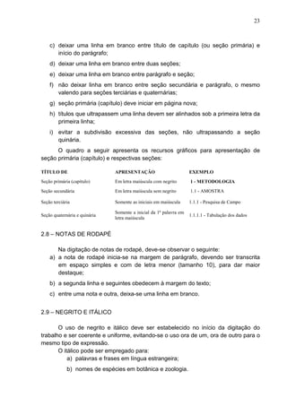 23 
c) deixar uma linha em branco entre título de capítulo (ou seção primária) e 
início do parágrafo; 
d) deixar uma linha em branco entre duas seções; 
e) deixar uma linha em branco entre parágrafo e seção; 
f) não deixar linha em branco entre seção secundária e parágrafo, o mesmo 
valendo para seções terciárias e quaternárias; 
g) seção primária (capítulo) deve iniciar em página nova; 
h) títulos que ultrapassem uma linha devem ser alinhados sob a primeira letra da 
primeira linha; 
i) evitar a subdivisão excessiva das seções, não ultrapassando a seção 
quinária. 
O quadro a seguir apresenta os recursos gráficos para apresentação de 
seção primária (capítulo) e respectivas seções: 
TÍTULO DE APRESENTAÇÃO EXEMPLO 
Seção primária (capítulo) Em letra maiúscula com negrito 1 - METODOLOGIA 
Seção secundária Em letra maiúscula sem negrito 1.1 - AMOSTRA 
Seção terciária Somente as iniciais em maiúscula 1.1.1 - Pesquisa de Campo 
Seção quaternária e quinária 
Somente a inicial da 1ª palavra em 
letra maiúscula 
1.1.1.1 - Tabulação dos dados 
2.8 – NOTAS DE RODAPÉ 
Na digitação de notas de rodapé, deve-se observar o seguinte: 
a) a nota de rodapé inicia-se na margem de parágrafo, devendo ser transcrita 
em espaço simples e com de letra menor (tamanho 10), para dar maior 
destaque; 
b) a segunda linha e seguintes obedecem à margem do texto; 
c) entre uma nota e outra, deixa-se uma linha em branco. 
2.9 – NEGRITO E ITÁLICO 
O uso de negrito e itálico deve ser estabelecido no início da digitação do 
trabalho e ser coerente e uniforme, evitando-se o uso ora de um, ora de outro para o 
mesmo tipo de expressão. 
O itálico pode ser empregado para: 
a) palavras e frases em língua estrangeira; 
b) nomes de espécies em botânica e zoologia. 
 