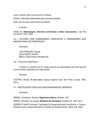32 
Local: Cidade onde o documento foi editado. 
Editora: instituição responsável pela produção editorial. 
Data: ano em que o documento foi editado. 
Exemplo: 
DINIZ, Eli, Globalização, reformas econômicas e elites empresariais. 1.ed. Rio 
de Janeiro: FGV, 2000. 
4.5 - AUTORES COM SOBRENOMES COMPOSTOS E SOBRENOMES QUE 
INDICAM GRAU DE PARENTESCO 
Exemplos: 
LÉVI-STRAUSS, Claude 
SILVA NETO, Serafim 
MELO, Celso Antonio Bandeira de 
4.6 - TÍTULO E SUBTÍTULO 
O título e o subtítulo (se for usado) devem ser reproduzidos tal como figuram 
no documento, separados por dois-pontos. 
Exemplo: 
CASTRO, Cláudio. A arte sacra: espaço sagrado hoje. São Paulo: Loyola, 1993. 
343 p. 
4.7 - INSTITUIÇÕES PÚBLICAS COM DENOMINAÇÃO GENÉRICA 
Exemplos: 
BRASIL. Congresso. Senado. Regimento Interno. Brasília, 1971. 
BRASIL. Ministério da Justiça. Relatório de atividades. Brasília, DF, 1993. 28 p. 
ESPÍRITO SANTO (Estado). Secretaria de Desenvolvimento Econômico e Turismo. 
Diretrizes para o desenvolvimento do Estado do Espírito Santo. Vitória, ES, 2005. 
 
