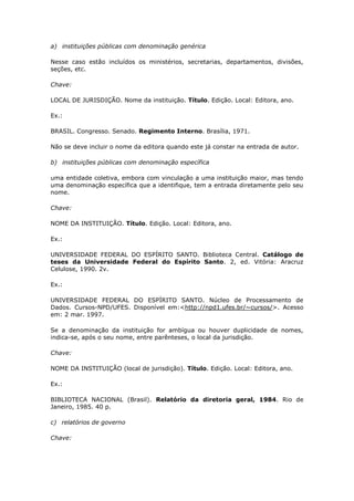 a) instituições públicas com denominação genérica

Nesse caso estão incluídos os ministérios, secretarias, departamentos, divisões,
seções, etc.

Chave:

LOCAL DE JURISDIÇÃO. Nome da instituição. Título. Edição. Local: Editora, ano.

Ex.:

BRASIL. Congresso. Senado. Regimento Interno. Brasília, 1971.

Não se deve incluir o nome da editora quando este já constar na entrada de autor.

b) instituições públicas com denominação específica

uma entidade coletiva, embora com vinculação a uma instituição maior, mas tendo
uma denominação específica que a identifique, tem a entrada diretamente pelo seu
nome.

Chave:

NOME DA INSTITUIÇÃO. Título. Edição. Local: Editora, ano.

Ex.:

UNIVERSIDADE FEDERAL DO ESPÍRITO SANTO. Biblioteca Central. Catálogo de
teses da Universidade Federal do Espírito Santo. 2, ed. Vitória: Aracruz
Celulose, 1990. 2v.

Ex.:

UNIVERSIDADE FEDERAL DO ESPÍRITO SANTO. Núcleo de Processamento de
Dados. Cursos-NPD/UFES. Disponível em:<http://npd1.ufes.br/~cursos/>. Acesso
em: 2 mar. 1997.

Se a denominação da instituição for ambígua ou houver duplicidade de nomes,
indica-se, após o seu nome, entre parênteses, o local da jurisdição.

Chave:

NOME DA INSTITUIÇÃO (local de jurisdição). Título. Edição. Local: Editora, ano.

Ex.:

BIBLIOTECA NACIONAL (Brasil). Relatório da diretoria geral, 1984. Rio de
Janeiro, 1985. 40 p.

c) relatórios de governo

Chave:
 