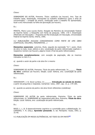 Chave:

SOBRENOME DO AUTOR, Prenome. Título: subtítulo (se houver). Ano. Tipo de
trabalho (tese, dissertação, monografia ou trabalho acadêmico) (grau e área de
concentração) – Unidade de ensino, Instituição onde o trabalho foi apresentado,
local e ano mencionado na folha de aprovação (se houver).

Ex.:

PEROTA, Maria Luiza Loures Rocha. Resgate da Memória da Universidade Federal
do Espírito Santo: a fotografia com fonte de pesquisa. 1995. 170 f. Dissertação
(Mestrado em Educação) – Programa de Pós-Graduação em Educação, Universidade
Federal do Espírito Santo, Vitória, 1995.

4.2 PUBLICAÇÕES AVULSAS CONSIDERADAS COMO PARTE DE UMA OBRA
(CAPÍTULOS, VOLUMES, FRAGMENTOS...)

Elementos essenciais: autor(es, título, seguido da expressão “In:”, autor, título
da obra no todo, local, editora e ano. Localização da parte referenciada (capítulo e
respectivo número (se houver), página inicial e final da parte referenciada)).

Elementos complementares: com exceção da paginação, são os mesmos
indicados no item 4.1.

a) quando o autor da parte e da obra for o mesmo

Chave:

SOBRENOME DO AUTOR, Prenome. Título da parte referenciada. In:______. Título
da obra: subtítulo (se houver). Edição. Local: Editora, ano. Localização da parte
referenciada.

Ex.:

HERKENHOFF, J. B. Dever jurídico. In:______. Introdução ao estudo do direito:
a partir de perguntas e respostas. Campinas: Julex, 1987. cap. 13, p. 179-185.

b) quando os autores da parte e da obra forem diferentes (coletânea)

Chave:

SOBRENOME DO AUTOR da parte referenciada, Prenome. Título da parte
referenciada. In: SOBRENOME do responsável pela obra, Prenome. Título da obra.
Edição. Local: Editora, ano. Localização da parte referenciada.

Ex.:

REGO, L. L. B. O desenvolvimento cognitivo e a prontidão para a alfabetização. In:
CARRARO, T. N. (Org.). Aprender pensando. 6. ed. Petrópolis: Vozes, 1991. p.
31-40.

4.3 PUBLICAÇÕS EM MEIOS ELETRÔNICOS, NO TODO OU EM PARTE[2]
 