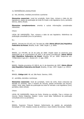 5.2 REFERÊNCIAS LEGISLATIVAS

a) leis, decretos, medidas provisórias e portarias

Elementos essenciais: Local de jurisdição, título (tipo, número e data do ato
legislativo), dados da publicação de onde foi tirado o ato legislativo (livro, periódico
técnico, diário oficial).

Elementos     complementares:       ementa     e   outras   informações   consideradas
relevantes.

Chave:

LOCAL DE JURISDIÇÃO. Tipo, número e data do ato legislativo. Referência da
publicação consultada (livro ou periódico).

Ex.:

BRASIL. Decreto-lei nº2.423, de 7 de abril de 1988. Diário Oficial [da] República
Federativa do Brasil, Brasília, 8 abr. 1988. Seção 1, p. 6009.

Ex.:

BRASIL. Lei nº9.995, de 25 de julho de 2000. Dispõe sobre as diretrizes para
elaboração da lei orçamentária de 2001 e dá outras providências. Diário Oficial
[da] República Federativa do Brasil, Brasília, 26 jul. 2000. Disponível em:
<http//www.in.gov.br>. Acesso em: 11 ago. 2000.

Ex.:

BRASIL. Medida provisória nº1.569-9, de 11 de dezembro de 1997. Diário Oficial
[da] República Federativa do Brasil, Brasília, 14 dez. 1997. Seção 1, p. 29514.

Ex.:

BRASIL. Código civil. 46. ed. São Paulo: Saraiva, 1995.

b) acórdãos, decisões e sentenças

Elementos essenciais: local de jurisdição, nome da corte, título (natureza da
decisão ou ementa), tipo e número do recurso, partes envolvidas (se houver),
relator, local, data, dados da publicação de onde foi retirado o ato legislativo (livro,
periódico, diário oficial).

Chave:

LOCAL DE JURISDIÇÃO. Nome da Corte. Ementa ou acórdão. Tipo e número do
recurso. Partes litigantes. Relator: nome. Local data. Referência da publicação
consultada (livro ou periódico).

Ex.:

BRASIL. Supremo Tribunal Federal. Deferimento de pedido de extradição.
Extradição nº 410. Estados Unidos da América e José Antônio Hernandez. Relator:
 