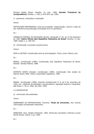 Ministro Rafael Mayer. Brasília, 21 mar. 1984. Revista              Trimestral    de
Jurisprudência, Brasília, v. 109, p. 870-879, set. 1984.

c) pareceres, resoluções e indicações

Chave:

INSTITUIÇÃO RESPONSÁVEL (local de jurisdição). Especificação, número e data do
ato. Referência da publicação consultada (livro ou periódico).

Ex.:

CONSELHO FEDERAL DE EDUCAÇÃO (Brasil). Resolução nº 16, de 13 de dezembro
de 1984. Diário Oficial [da] República Federativa do Brasil, Brasília, 13 dez.
1984. Seção 1, p. 190-191.

d) Constituição e emendas constitucionais

Chave:

PAÍS ou ESTADO. Constituição (ano de promulgação). Título. Local: Editora, ano.

Ex.:

BRASIL. Constituição (1988). Constituição [da] República Federativa do Brasil.
Brasília: Senado Federal, 1988.

Ex.:

ESPÍRITO SANTO (Estado). Constituição (1989). Constituição [do] estado do
Espírito Santo 1989. Vitória: Assembléia Legislativa, 1989.

Ex.:

BRASIL. Constituição (1988). Emenda constitucional nº 9, de 9 de novembro de
1955. Lex: coletânea de legislação e jurisprudência: legislação federal e marginália,
São Paulo, v. 59, p. 1966, out./dez. 1995.

5.3 ENTREVISTAS

a) entrevistas não publicadas

Chave:

SOBRENOME DO ENTREVISTADO, Prenome. Título da entrevista. Ano. Outras
informações consideradas relevantes.

Ex.:

DEBECKER, Paul. Gestão Ambiental. 1996. Entrevista concedida a Mariana Loures
Rocha Perota, Vitória, 5 jul. 1996.

Ex.:
 