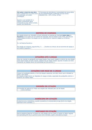 Um autor e mais de uma obra -        "A hierarquia de dominância e necessidade dos sexos alelos
citar o sobrenome e os vários anos   do loco p(pigmentação) é diferente nos dois sexos."
de publicação, em ordem              (HALKKA et al., 1973, 1975a, 1975b).
cronológica.


Quando o ano também for o
mesmo, acrescentar letras
minúsculas ao ano, tanto no texto,
quanto nas referências.




                                SISTEMA DE CHAMADA
As citações devem ser indicadas no texto utilizando os sistemas de chamada Autor-data ou
Numérico. Ao se optar por um sistema de chamada, deve-se adotá-lo até o final, para fins de
uniformidade do texto e correlação com as referências em notas de rodapé ou no final do
trabalho.


Ex. de Sistema Numérico:


Na citação por números, segundo Rey, "[ . . . ] facilita-se a leitura, faz-se economia de espaço e
de trabalho tipográfico."11




                               CITAÇÕES ATÉ 3 LINHAS
Deve ser inserida no parágrafo entre aspas duplas. Caso existir citação no interior de uma citação
entre aspas duplas no texto original, substituí-las por aspas simples. Quando iniciadas com letra
maiúscula, as citações devem ser precedidas por dois pontos (:)




                       CITAÇÕES COM MAIS DE 3 LINHAS
Colocar em parágrafo distinto, a 4cm da margem esquerda, com letra menor que a utilizada no
texto e sem aspas.
As citações longas devem ser digitadas em espaço simples, separadas dos parágrafos anterior e
posterior por espaço duplo.




                                OMISSÃO EM CITAÇÃO
As omissões de palavras ou frases nas citações são indicadas pelo uso de elipses
[ . . . ] entre colchetes.




                              ACRÉSCIMO EM CITAÇÃO
Acréscimos e/ou comentários, quando necessários à compreensão de algo dentro da citação,
aparecem entre colchetes [ ].




                               DESTAQUE EM CITAÇÃO
Para se destacar palavras ou frases em uma citação usa-se o grifo ou negrito ou itálico seguido
da expressão grifo meu ou grifo do autor entre colchetes, após a chamada da citação.
 