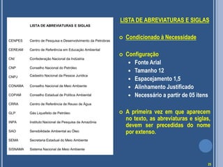 LISTA DE ABREVIATURAS E SIGLAS
 Condicionado à Necessidade
 Configuração
 Fonte Arial
 Tamanho 12
 Espacejamento 1,5
 Alinhamento Justificado
 Necessário a partir de 05 itens
 A primeira vez em que aparecem
no texto, as abreviaturas e siglas,
devem ser precedidas do nome
por extenso.
LISTA DE ABREVIATURAS E SIGLAS
CENPES Centro de Pesquisa e Desenvolvimento da Petrobras
CEREAM Centro de Referência em Educação Ambiental
CNI Confederação Nacional da Indústria
CNP Conselho Nacional do Petróleo
CNPJ Cadastro Nacional da Pessoa Jurídica
CONAMA Conselho Nacional de Meio Ambiente
COPAM Conselho Estadual de Política Ambiental
CRRA Centro de Referência de Reuso de Água
GLP Gás Liquefeito de Petróleo
INPA Instituto Nacional de Pesquisa da Amazônia
SAO Sensibilidade Ambiental ao Óleo
SEMA Secretaria Estadual do Meio Ambiente
SISNAMA Sistema Nacional de Meio Ambiente
25
 