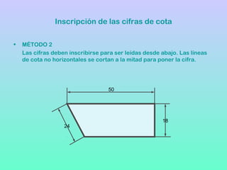 Inscripción de las cifras de cota
• MÉTODO 2
Las cifras deben inscribirse para ser leídas desde abajo. Las líneas
de cota no horizontales se cortan a la mitad para poner la cifra.
50
24
18
 