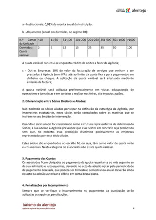 a - Institucionais: 0,01% da receita anual da instituição;

 b - Alojamento (anual em dormidas, no regime BB):

N.º Camas <10           11-50     51-100    101-200 201-250 251-500 501-1000 >1000
da Unidade
Dormidas:  2            6         12        15         25     35        50      100
Quota
variável

 A quota variável constitui-se enquanto crédito de noites a favor da Agência;

 c - Outras Empresas: 10% do valor da facturação de serviços que venham a ser
     prestados à Agência (sem IVA), até ao limite da quota fixa e para pagamentos em
     dinheiro ou cheque. A aplicação da quota variável será efectuada mediante
     emissão de factura;

 A quota variável será utilizada preferencialmente em visitas educacionais de
 operadores e jornalistas e em sorteios a realizar nas feiras, site e outras acções.

 2. Diferenciação entre Sócios Efectivos e Aliados:

 Não podendo os sócios aliados participar na definição da estratégia da Agência, por
 imperativos estatutários, estes sócios serão consultados sobre as matérias que se
 insiram no seu âmbito de intervenção.

 Quando o sócio aliado for considerado como estrutura representativa de determinado
 sector, a sua adesão à Agência pressupõe que esse sector em concreto seja promovido
 sem que, no entanto, essa promoção discrimine positivamente as empresas
 representadas por esse sócio aliado.

 Estes sócios são enquadrados no escalão M, ou seja, têm como valor de quota vinte
 euros mensais. Nesta categoria de associados não existe quota variável.


 3. Pagamento das Quotas
 Os associados ficam obrigados ao pagamento da quota respeitante ao mês seguinte ao
 da sua admissão e subsequentes, devendo no acto da adesão optar pela periodicidade
 de pagamento desejada, que poderá ser trimestral, semestral ou anual. Deverão ainda
 no acto da adesão autorizar o débito em conta dessa quota.


 4. Penalizações por Incumprimento
 Sempre que se verifique o incumprimento no pagamento da quotização serão
 aplicadas as seguintes penalizações:



                                                                                      4
 