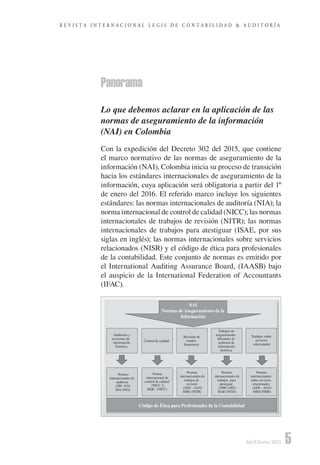 5Abril/Junio 2015
R E V I S T A I N T E R N A C I O N A L L E G I S D E C O N T A B I L I D A D & A U D I T O R Í A
Panorama
Lo que debemos aclarar en la aplicación de las
normas de aseguramiento de la información
(NAI) en Colombia
Con la expedición del Decreto 302 del 2015, que contiene
el marco normativo de las normas de aseguramiento de la
información (NAI), Colombia inicia su proceso de transición
hacia los estándares internacionales de aseguramiento de la
información, cuya aplicación será obligatoria a partir del 1º
de enero del 2016. El referido marco incluye los siguientes
estándares: las normas internacionales de auditoría (NIA); la
norma internacional de control de calidad (NICC); las normas
internacionales de trabajos de revisión (NITR); las normas
internacionales de trabajos para atestiguar (ISAE, por sus
siglas en inglés); las normas internacionales sobre servicios
relacionados (NISR) y el código de ética para profesionales
de la contabilidad. Este conjunto de normas es emitido por
el International Auditing Assurance Board, (IAASB) bajo
el auspicio de la International Federation of Accountants
(IFAC).
Auditorías y
revisiones de
información
histórica
Trabajos de
aseguramiento
diferentes de
auditoría de
información
histórica
Trabajos sobre
servicios
relacionados
Normas
internacionales de
auditoría
(200 - 810)
ISA (NIA)
Normas
internacionales de
trabajos para
atestiguar
(3000-3402)
ISAE (NITA)
Normas
internacionales
sobre servicios
relacionados
(4400 4410)
ISRS (NISR)
Revisión de
estados
financieros
Normas
internacionales de
trabajos de
revisión
(2400 2410)
ISRE (NITR)
NAI
Normas de Aseguramiento de la
Información
Código de Ética para Profesionales de la Contabilidad
Control de calidad
Norma
internacional de
control de calidad
(NICC 1)
ISQC (NICC) - -
 