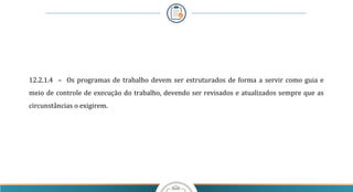 12.2.1.4 – Os programas de trabalho devem ser estruturados de forma a servir como guia e
meio de controle de execução do trabalho, devendo ser revisados e atualizados sempre que as
circunstâncias o exigirem.
 