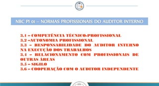 3.1 – COMPETÊNCIA TÉCNICO-PROFISSIONAL
3.2 –AUTONOMIA PROFISSIONAL
3.3 – RESPONSABILIDADE DO AUDITOR INTERNO
NA EXECUÇÃO DOS TRABALHOS
3.4 – RELACIONAMENTO COM PROFISSIONAIS DE
OUTRAS ÁREAS
3.5 – SIGILO
3.6 – COOPERAÇÃO COM O AUDITOR INDEPENDENTE
 
