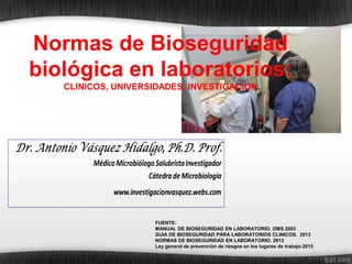 Normas de Bioseguridad
biológica en laboratorios:
CLINICOS, UNIVERSIDADES, INVESTIGACION
FUENTE:
MANUAL DE BIOSEGURIDAD EN LABORATORIO. OMS 2003
GUIA DE BIOSEGURIDAD PARA LABORATORIOS CLINICOS. 2013
NORMAS DE BIOSEGURIDAD EN LABORATORIO. 2013
Ley general de prevención de riesgos en los lugares de trabajo.2015
 