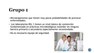  Microorganismos que tienen muy pocas probabilidades de provocar
enfermedades.
 Los laboratorios BSL 1 tienen un nivel básico de contención
fundamentado en prácticas microbiológicas estándar sin ninguna
barrera primaria o secundaria especialmente recomendada.
 No es necesario equipo de seguridad.
 