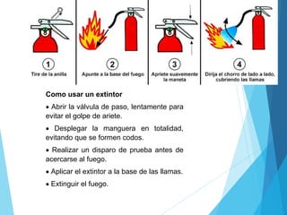 Como usar un extintor
 Abrir la válvula de paso, lentamente para
evitar el golpe de ariete.
 Desplegar la manguera en totalidad,
evitando que se formen codos.
 Realizar un disparo de prueba antes de
acercarse al fuego.
 Aplicar el extintor a la base de las llamas.
 Extinguir el fuego.
 